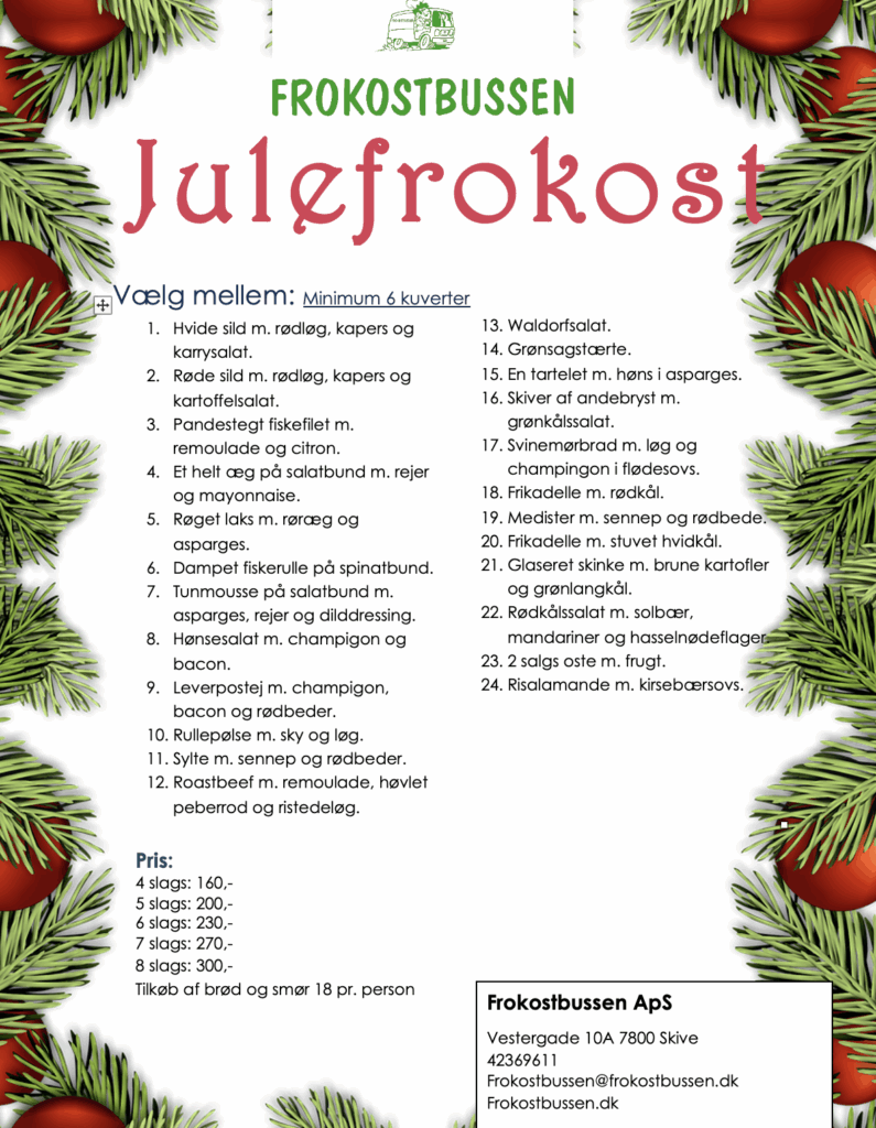 Frokostbussen julefrokostmenu med retter og priser