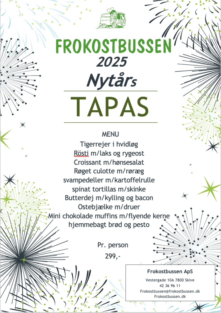 Frokostbussen 2025 nytårs tapasmenu med pris og retter